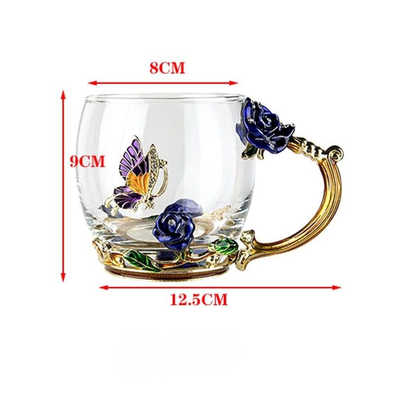 Blue Rose Enamel Crystal Cups | Elegant Flower Tea Glasses | Perfect Gifts